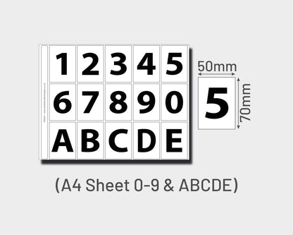 A4 Printed Sticker Set (0-9, A-E), Waterproof Self-Adhesive Vinyl Stickers (3 Colours Available)