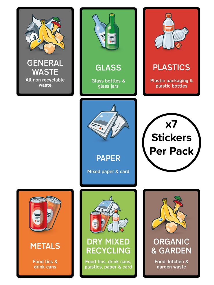 Pack of 7 Premium Wheelie Bin Waste Type Stickers